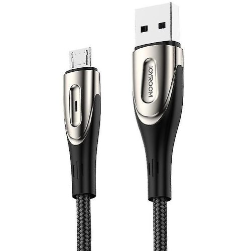 USB töltő- és adatkábel, microUSB, 120 cm, 3000 mA, törésgátlóval, gyorstöltés, cipőfűző minta, Joyroom Sharp S-M411, fekete