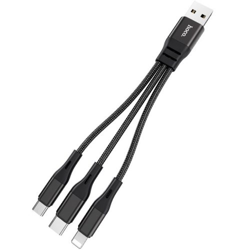 USB töltő- és adatkábel 3in1, USB Type-C, Lightning, microUSB, 25 cm, 2400 mA, törésgátlóval, gyorstöltés, cipőfűző minta, Hoco X47 Harbor, fekete