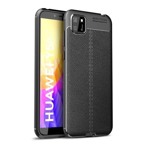 Huawei Y5p / Honor 9S, Szilikon tok, bőrhatású, varrásminta, fekete
