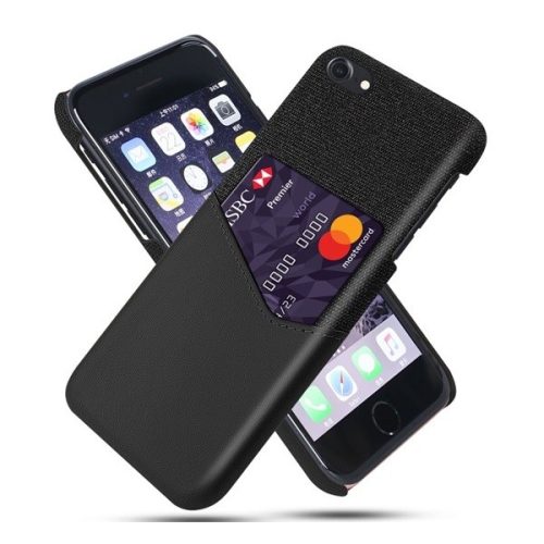 Apple iPhone 7 / 8 / SE (2020) / SE (2022), Műanyag hátlap védőtok, közepesen ütésálló, textil bevonat, bőrhatású hátlap, kártyatartóval, fekete