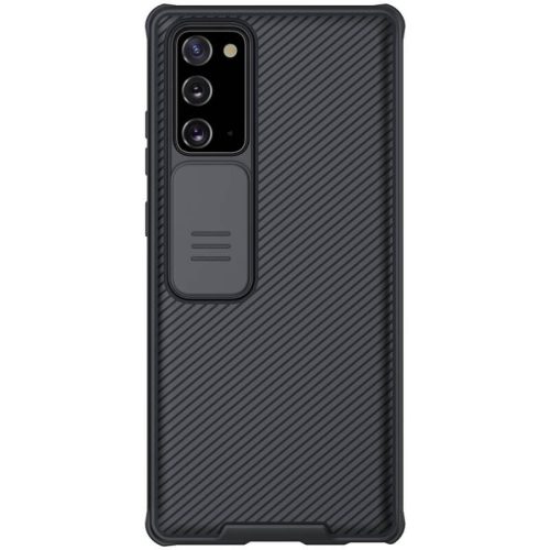 Samsung Galaxy Note 20 / 20 5G SM-N980 / N981, Műanyag hátlap + szilikon keret, közepesen ütésálló, kamera védelem, csíkos minta, Nillkin CamShield Pro, fekete