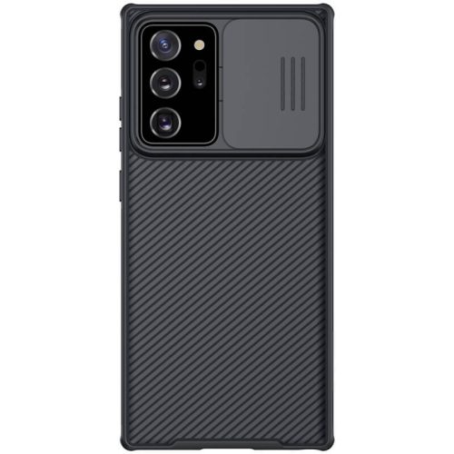 Samsung Galaxy Note 20 Ultra / 20 Ultra 5G SM-N985 / N986, Műanyag hátlap + szilikon keret, közepesen ütésálló, kamera védelem, csíkos minta, Nillkin CamShield Pro, fekete