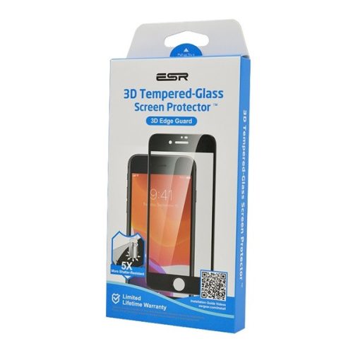Apple iPhone 6 / 6S / 7 / 8 / SE (2020) / SE (2022), Kijelzővédő fólia, ütésálló fólia (az íves részre is!), Tempered Glass (edzett üveg), 0.30 mm vastag, 3D Full Cover, ESR, fekete