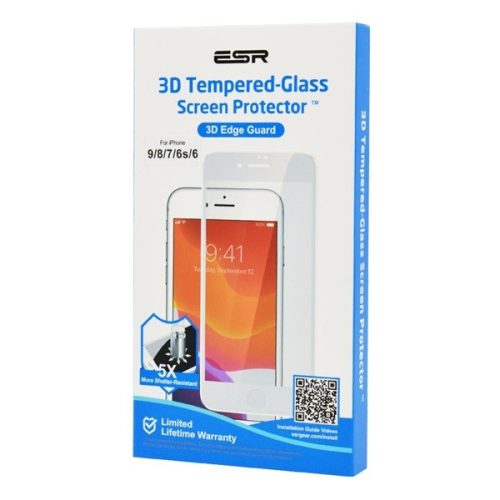 Apple iPhone 6 / 6S / 7 / 8 / SE (2020) / SE (2022), Kijelzővédő fólia, ütésálló fólia (az íves részre is!), Tempered Glass (edzett üveg), 0.30 mm vastag, 3D Full Cover, ESR, fehér