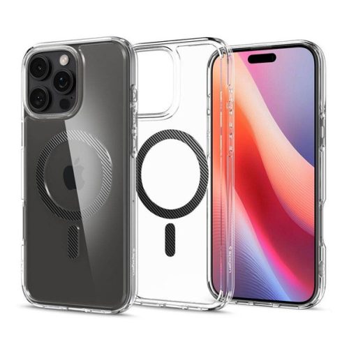 Apple iPhone 16 Pro, Műanyag hátlap védőtok + szilikon keret, Magsafe töltővel kompatibilis, Spigen Ultra Hybrid Mag, átlátszó/arany
