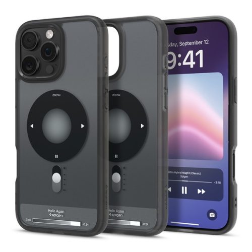 Apple iPhone 16 Pro Max, Műanyag hátlap védőtok + szilikon keret, Magsafe töltővel kompatibilis, iPod minta, Spigen Ultra Hybrid Classic Mag, fekete