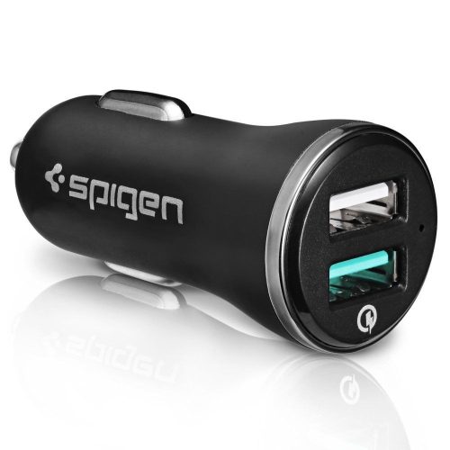 Autós töltő, Szivargyújtós töltő, 5V / 2400mA, 2 x USB aljzat, gyorstöltés, QC 3.0, LED-es, Spigen Essential, F271QC, fekete