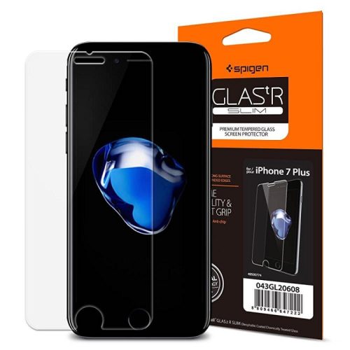 Apple iPhone 7 Plus / 8 Plus, Kijelzővédő fólia, (az íves részre NEM hajlik rá!), Tempered Glass (edzett üveg), Spigen Glastr Slim, Clear