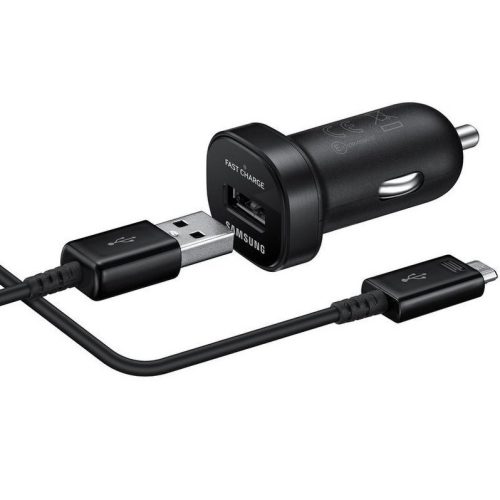 Autós töltő, Szivargyújtós töltő, 18W, 1 x USB aljzat, microUSB kábellel, Samsung, fekete, gyári