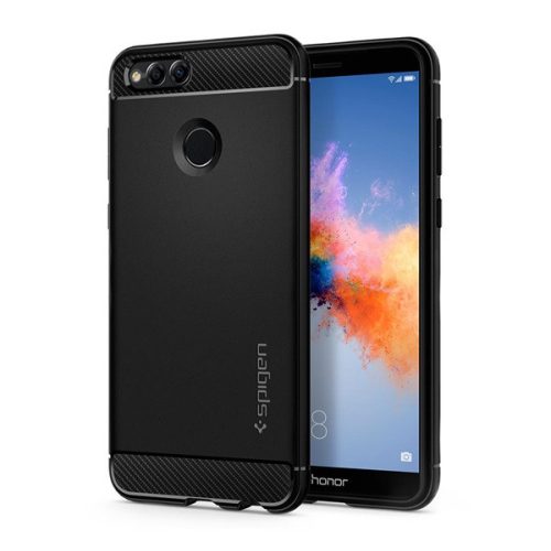 Huawei Honor 7X, Szilikon tok, Spigen Rugged Armor, karbon minta, fekete