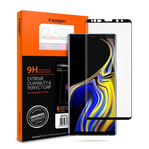 Samsung Galaxy Note 9 SM-N960, Kijelzővédő fólia, ütésálló fólia (az íves részre is!), Tempered Glass (edzett üveg), Spigen Glastr Slim HD Curved, fekete