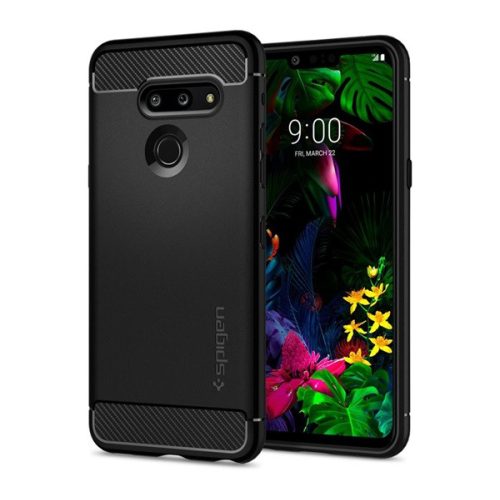 LG G8 ThinQ G820Q, Szilikon tok, Spigen Rugged Armor, karbon minta, fekete