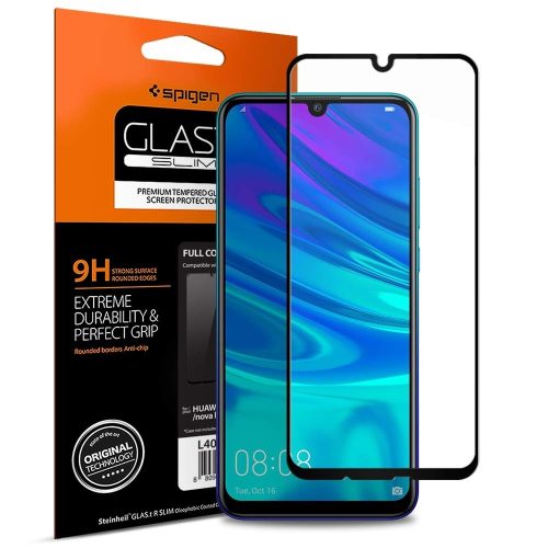 Huawei P Smart (2019 / 2020) / P Smart Plus (2019) / Honor 10 Lite, Kijelzővédő fólia, ütésálló fólia (az íves részre is!), Tempered Glass (edzett üveg), 3D Full Cover, Spigen Glastr Slim Full Cover, fekete