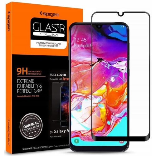 Samsung Galaxy A70 / A70s SM-A705F / A707F, Kijelzővédő fólia, ütésálló fólia (az íves részre is!), Tempered Glass (edzett üveg), 3D Full Cover, Spigen Glastr Slim Full Cover, fekete