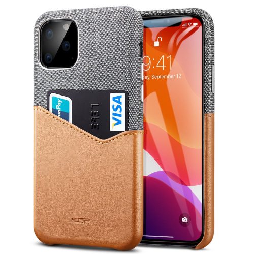 Apple iPhone 11, Műanyag hátlap védőtok, textil bevonat, bőrhatású hátlap, kártyatartóval, ESR Metro Wallet, szürke/barna