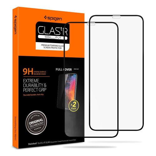 Apple iPhone XS Max / 11 Pro Max, Kijelzővédő fólia, ütésálló fólia (az íves részre is!), Tempered Glass (edzett üveg), 3D Full Cover, Spigen Glastr Slim Full Cover, fekete, 2 db / csomag