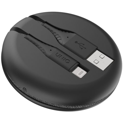 USB töltő- és adatkábel, Lightning, 120 cm, cipőfűző minta, feltekerhető, gyorstöltés, MFI engedélyes, Uniq Halo, fekete