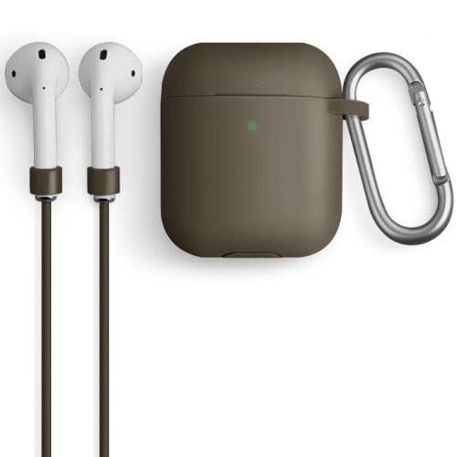 Bluetooth fülhallgató töltőtok tartó, szilikon, vezeték nélküli töltés támogatás, karabiner, nyakba akasztóval, Apple AirPods kompatibilis, Uniq Vencer, barna