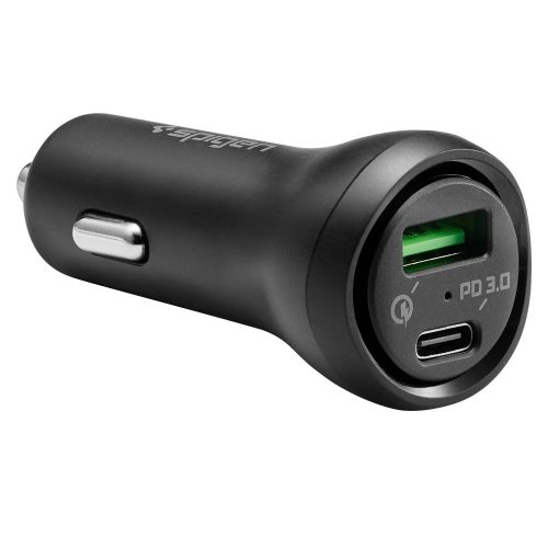 Autós töltő, Szivargyújtós töltő, 45W, 1 x USB aljzat, 1 x USB Type-C aljzat, gyorstöltés, QC 3.0, PD, LED-es, Spigen Essential, F31QC, fekete