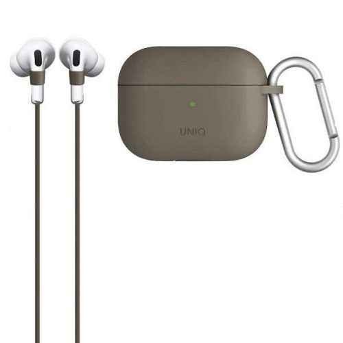 Bluetooth fülhallgató töltőtok tartó, szilikon, vezeték nélküli töltés támogatás, karabiner, nyakba akasztóval, Apple AirPods Pro kompatibilis, Uniq Vencer, barna