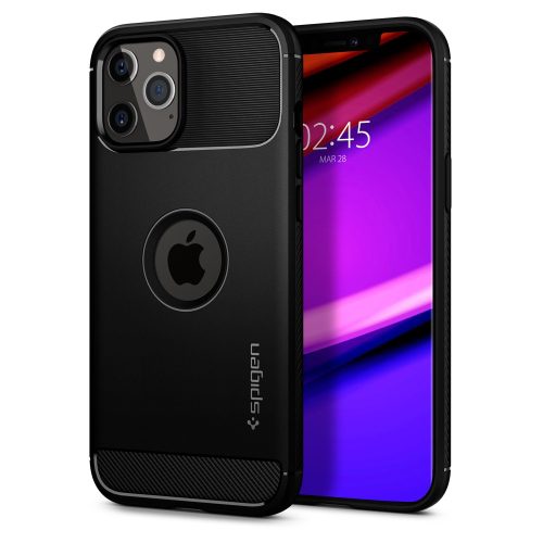 Apple iPhone 12 / 12 Pro, Szilikon tok, Spigen Rugged Armor, karbon minta, fekete