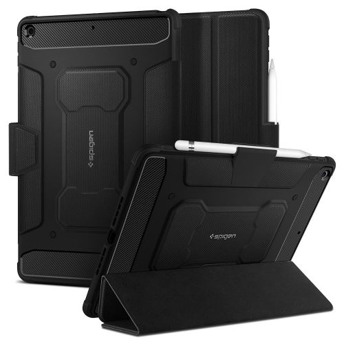 Apple iPad 10.2 (2019 / 2020 / 2021), mappa tok, közepesen ütésálló, Apple Pencil tartóval, Spigen Rugged Armor, fekete