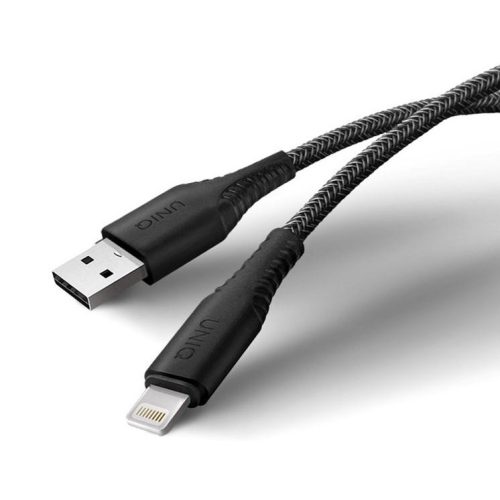USB töltő- és adatkábel, Lightning, 120 cm, cipőfűző minta, gyorstöltés, Antibakteriális, MFI engedélyes, Uniq Helix, fekete