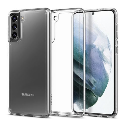 Samsung Galaxy S21 Plus 5G SM-G996, Szilikon tok + műanyag keret, közepesen ütésálló, Spigen Crystal Hybrid, átlátszó
