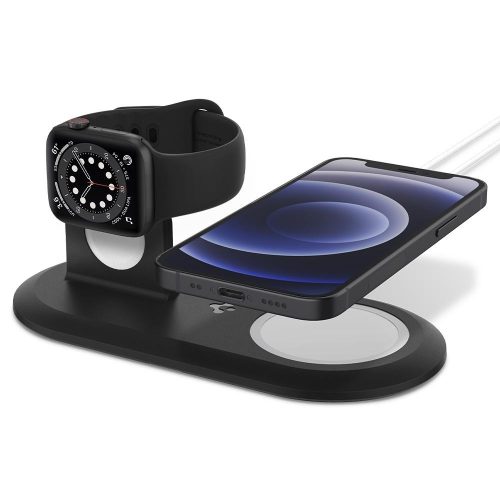 Magsafe és Apple Watch töltő asztali tartó, Magsafe töltőkkel kompatibilis, Spigen Mag Fit Duo, fekete