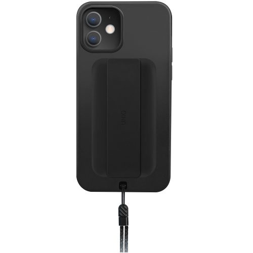 Apple iPhone 12 Pro Max, Szilikon keret + műanyag hátlap, ujjpánt + csuklópánt, Uniq Hybrid Heldro, fekete