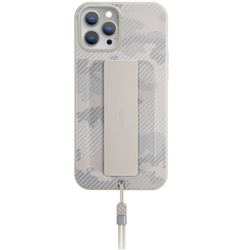 Apple iPhone 12 / 12 Pro, Szilikon keret + műanyag hátlap, ujjpánt + csuklópánt, terep minta, Uniq Hybrid Heldro, fehér
