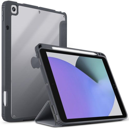 Apple iPad Pro 11 (2020 / 2021 / 2022), mappa tok, közepesen ütésálló, Apple Pencil tartóval, Antibakteriális védelemmel, Origami Smart Case, Uniq Moven, átlátszó/szürke