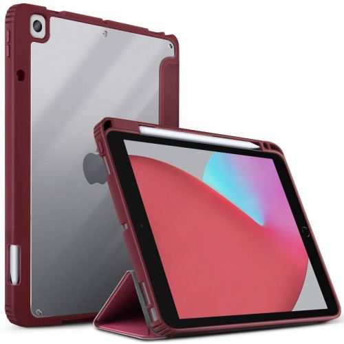 Apple iPad Pro 11 (2020 / 2021 / 2022), mappa tok, közepesen ütésálló, Apple Pencil tartóval, Antibakteriális védelemmel, Origami Smart Case, Uniq Moven, átlátszó/bordó