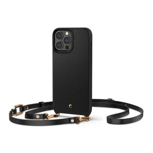 Apple iPhone 13 Pro Max, Szilikon védőkeret + műanyag hátlap, bőrrel bevont hátlap, nyakbaakasztó, Spigen Ciel Cyril Classic Charm, fekete