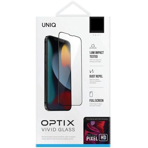 Apple iPhone 13 / 13 Pro, Kijelzővédő fólia, ütésálló fólia (az íves részre is!), Tempered Glass (edzett üveg), Uniq Optix Vivid, fekete
