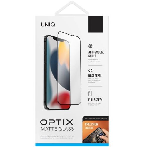 Apple iPhone 13 Pro Max, Kijelzővédő fólia, ütésálló fólia (az íves részre is!), Tempered Glass (edzett üveg), tükröződésmentes, Uniq Optix Matte, fekete