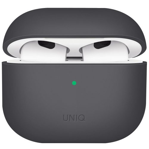 Bluetooth fülhallgató töltőtok tartó, szilikon, vezeték nélküli töltés támogatás, Apple AirPods 3 kompatibilis, Uniq Lino, szürke