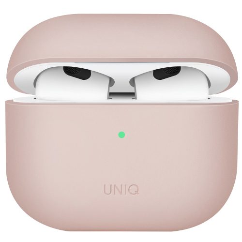 Bluetooth fülhallgató töltőtok tartó, szilikon, vezeték nélküli töltés támogatás, Apple AirPods 3 kompatibilis, Uniq Lino, rózsaszín