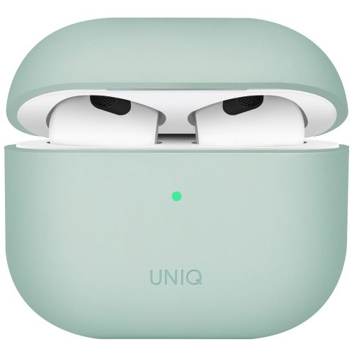 Bluetooth fülhallgató töltőtok tartó, szilikon, vezeték nélküli töltés támogatás, Apple AirPods 3 kompatibilis, Uniq Lino, zöld