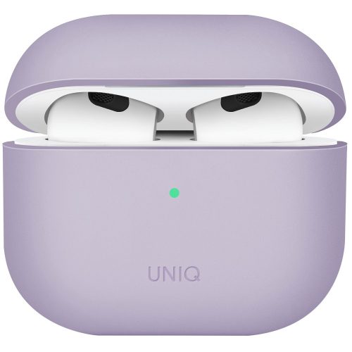 Bluetooth fülhallgató töltőtok tartó, szilikon, vezeték nélküli töltés támogatás, Apple AirPods 3 kompatibilis, Uniq Lino, levendula