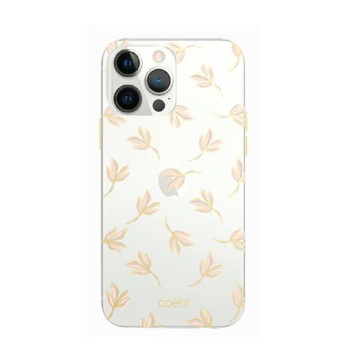 Apple iPhone 13 Pro, Szilikon tok, közepesen ütésálló, virág minta, Uniq Coehl Fleur, átlátszó/rózsaszín