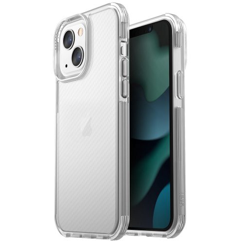 Apple iPhone 13, Szilikon keret + műanyag hátlap, közepesen ütésálló, légpárnás sarok, karbon minta, Uniq Combat Aramid, átlátszó