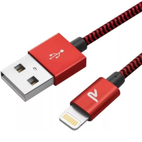 USB töltő- és adatkábel, Lightning, 300 cm, 2400 mA, MFI engedélyes, cipőfűző minta, Rampow RAB12, piros/fekete