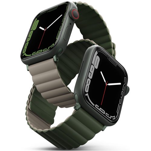 Apple Watch 1-6, SE (42 / 44 mm) / Watch 7-8 (45 mm) / Watch Ultra (49 mm), szilikon pótszíj, mágneses zár, kétszínű, két oldalas, megfordítható, Uniq Revix, sötétzöld/barna
