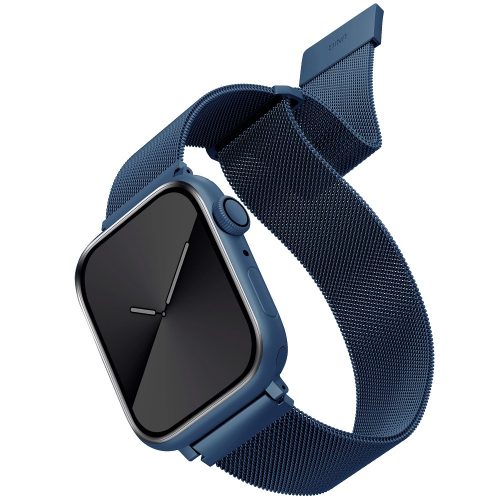 Apple Watch 1-6, SE (42 / 44 mm) / Watch 7-8 (45 mm), fém pótszíj, milánói stílus, mágnes zárral, Uniq Dante, kék