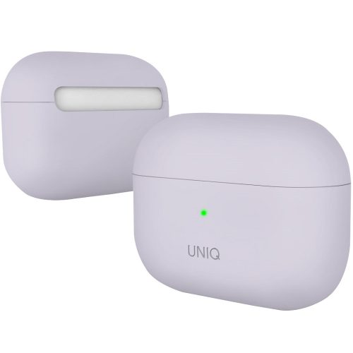 Bluetooth fülhallgató töltőtok tartó, szilikon, vezeték nélküli töltés támogatás, Apple AirPods Pro kompatibilis, Uniq Lino, levendula