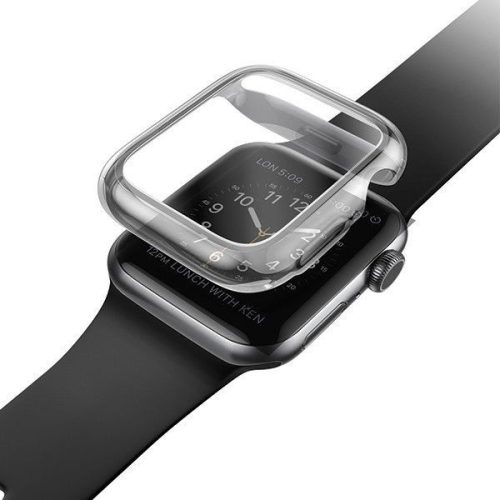 Apple Watch 7-8 (41mm), Szilikon védőkeret, 4H képernyővédő fóliával, szíj nélkül, közepesen ütésálló, Uniq Garde Hybrid, átlátszó