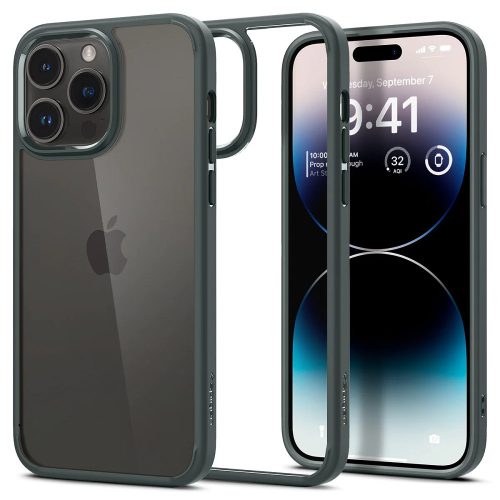 Apple iPhone 14 Pro Max, Műanyag hátlap védőtok + szilikon keret, Spigen Ultra Hybrid, átlátszó/sötétzöld