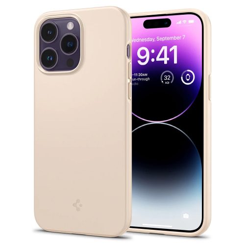 Apple iPhone 14 Pro, Műanyag hátlap védőtok, Spigen Thin Fit, homok-beige