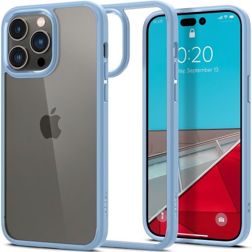 Apple iPhone 14 Pro, Szilikon tok + műanyag keret, közepesen ütésálló, Spigen Crystal Hybrid, átlátszó/kék